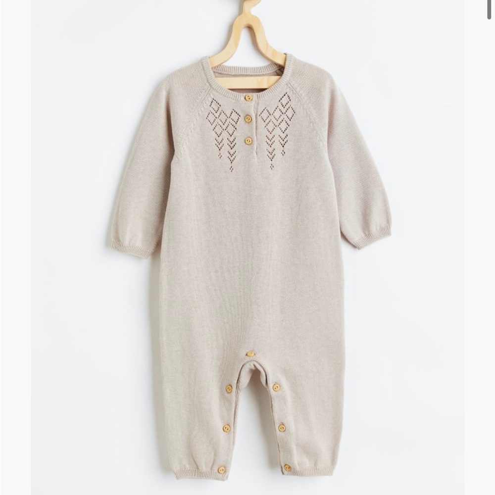 H&M 12 month knit cotton jumpsuit baby boy girl new taupe beige